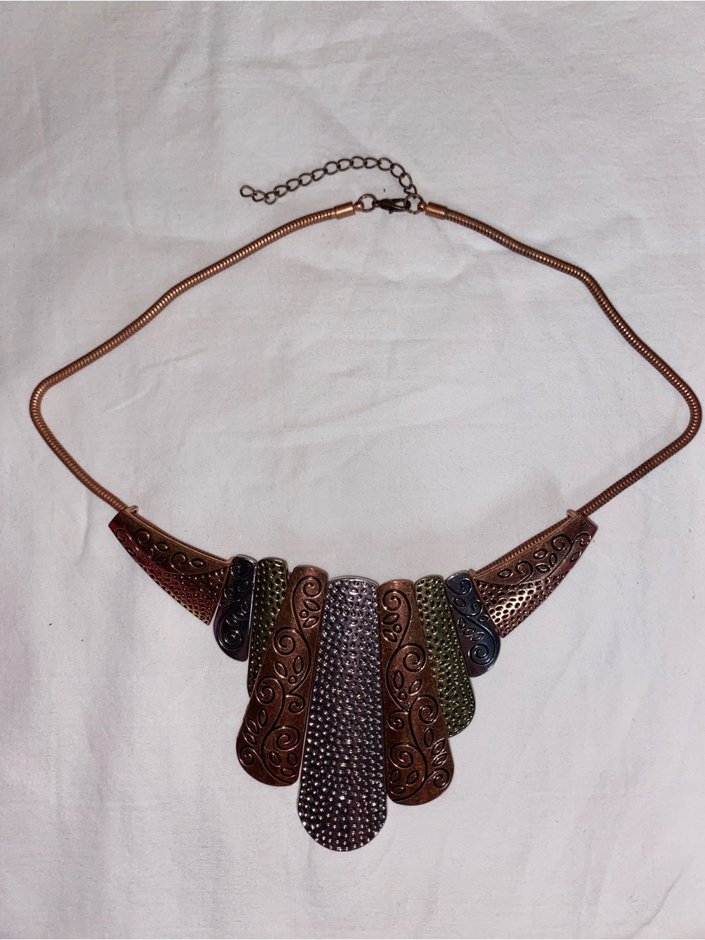 Multitone Metal Fan Pendant Necklace in Copper, Bronze & Olive